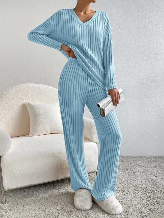 Women's Pajamas Home Wear Autumn Winter Casual Straight Pants Rib Pullover Sleepwear Loose V Neck Knitted Two Piece Loungewear