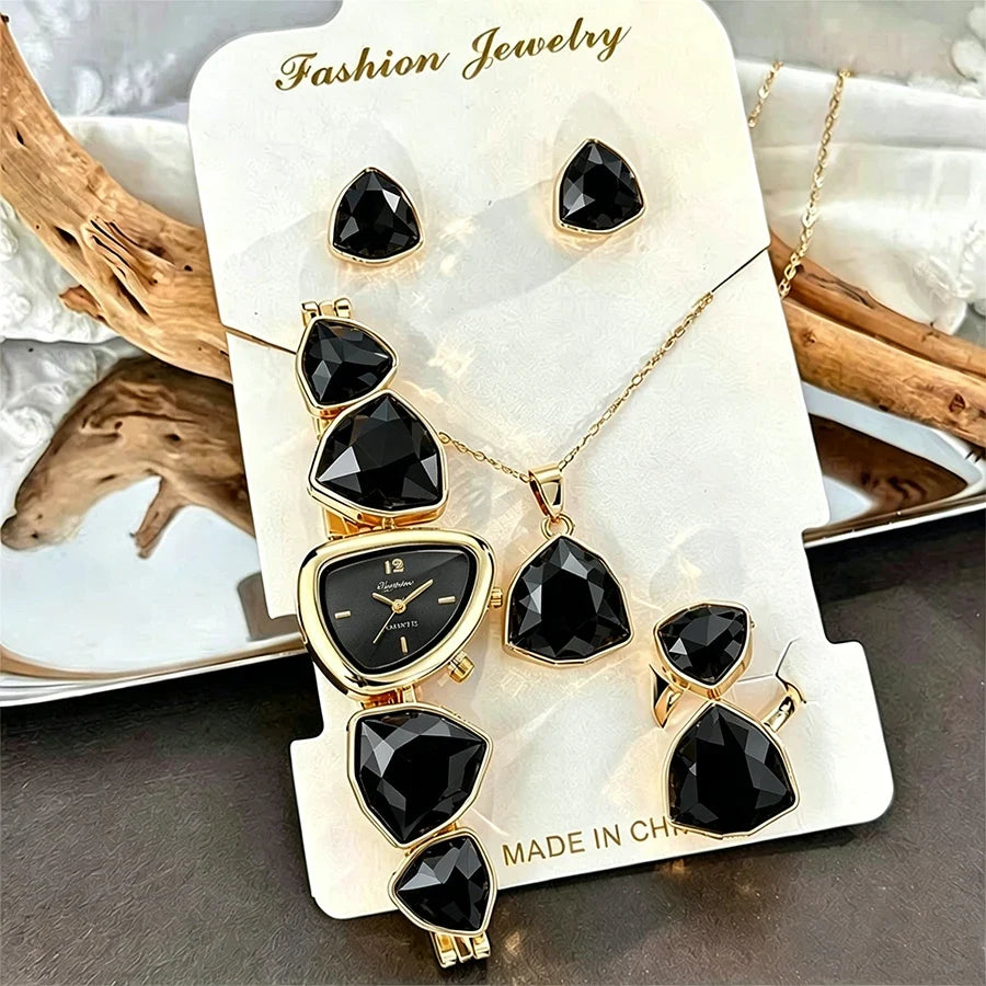 5pcs Luxury Women's Quartz Watch Jewelry Set Fashion Colorful Diamond Women Watches Necklace Ring Earrings Accessories Gifts Set
