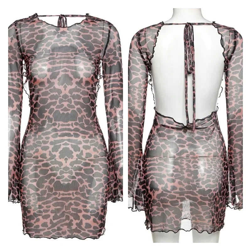 Combhasaki Women‘s Summer Mesh Leopard See-throug Tie-up Backless Mini Dress Flare Long Sleeve Beach Vacation Cover-ups Sundress