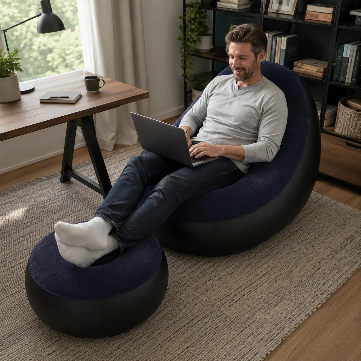 1PC nflatable Air Sofa Chair with Footrest, Portable Lounge Chair Set Soft Flocked Surface for Bedroom Dorm Living Room