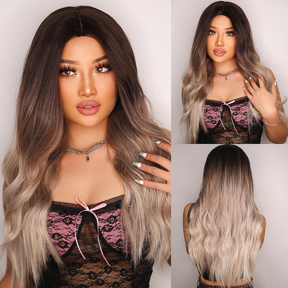 Element Medium Length Synthetic Straight Natural Brown Wigs with Side Bangs Heat Resistant Party Wigs for White/Black Women