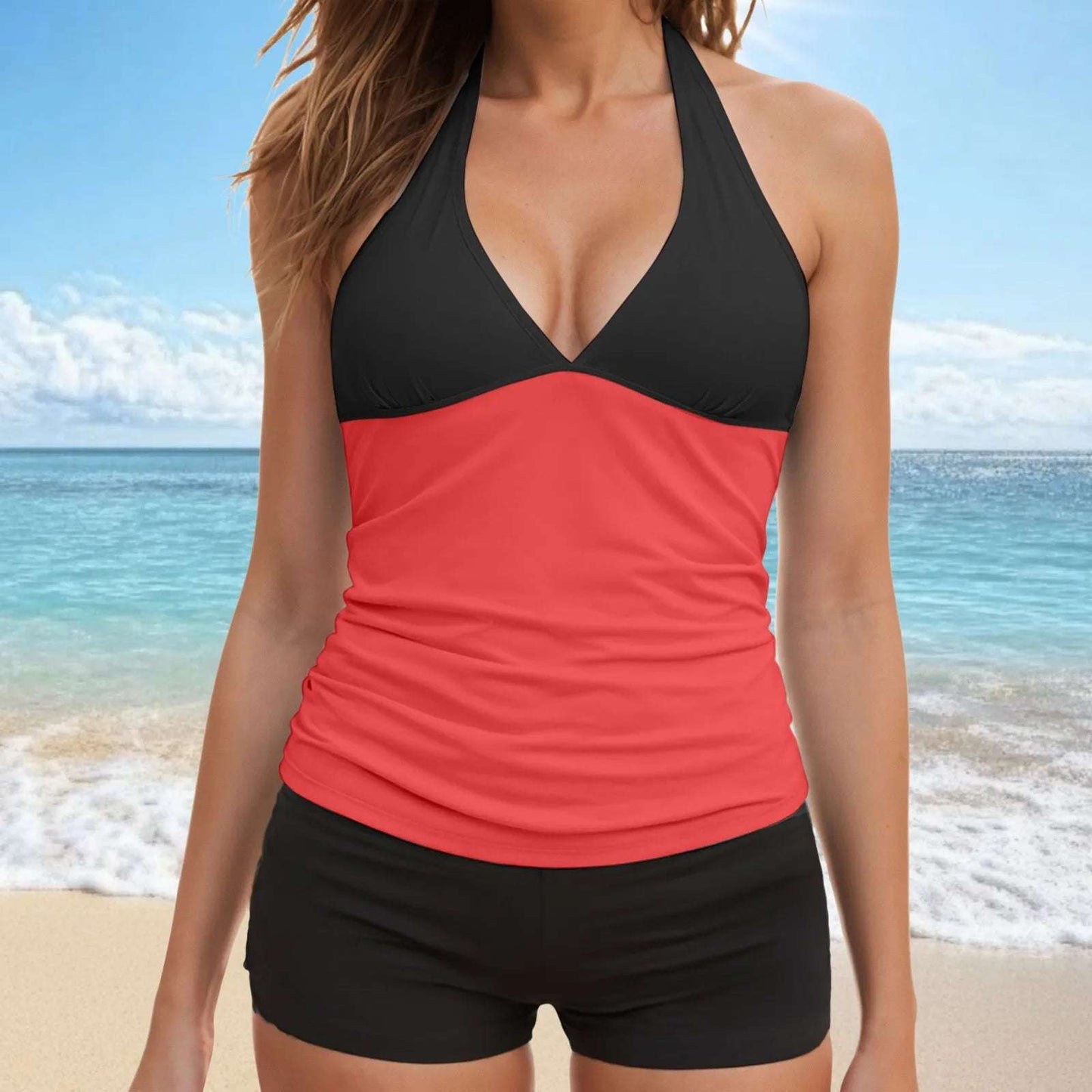 Women Fashion Two Piece Tankini Swimsuit Halter V Neck Backless Tops Tight Shorts Beachwear Ladies Swimsuit Trajes De BañO Mujer