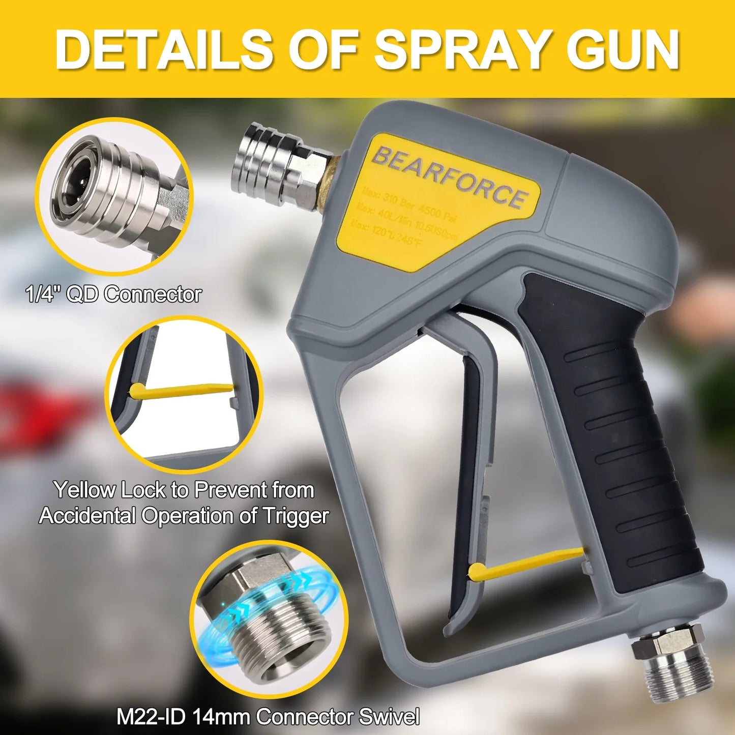 BEAR FORCE Pressure Washer Spray Water Gun with M22-14mm Inlet Male Swivel & 1/4” Quick Connector for Nozzles, Wand, Foam Cannon