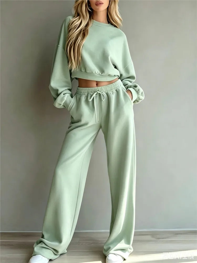 Autumn New Casual O Neck Long-sleeved Ultra-short Sweatshirt Trousers 2piece Set Women Fashion Casual Female Sports Trousers Set