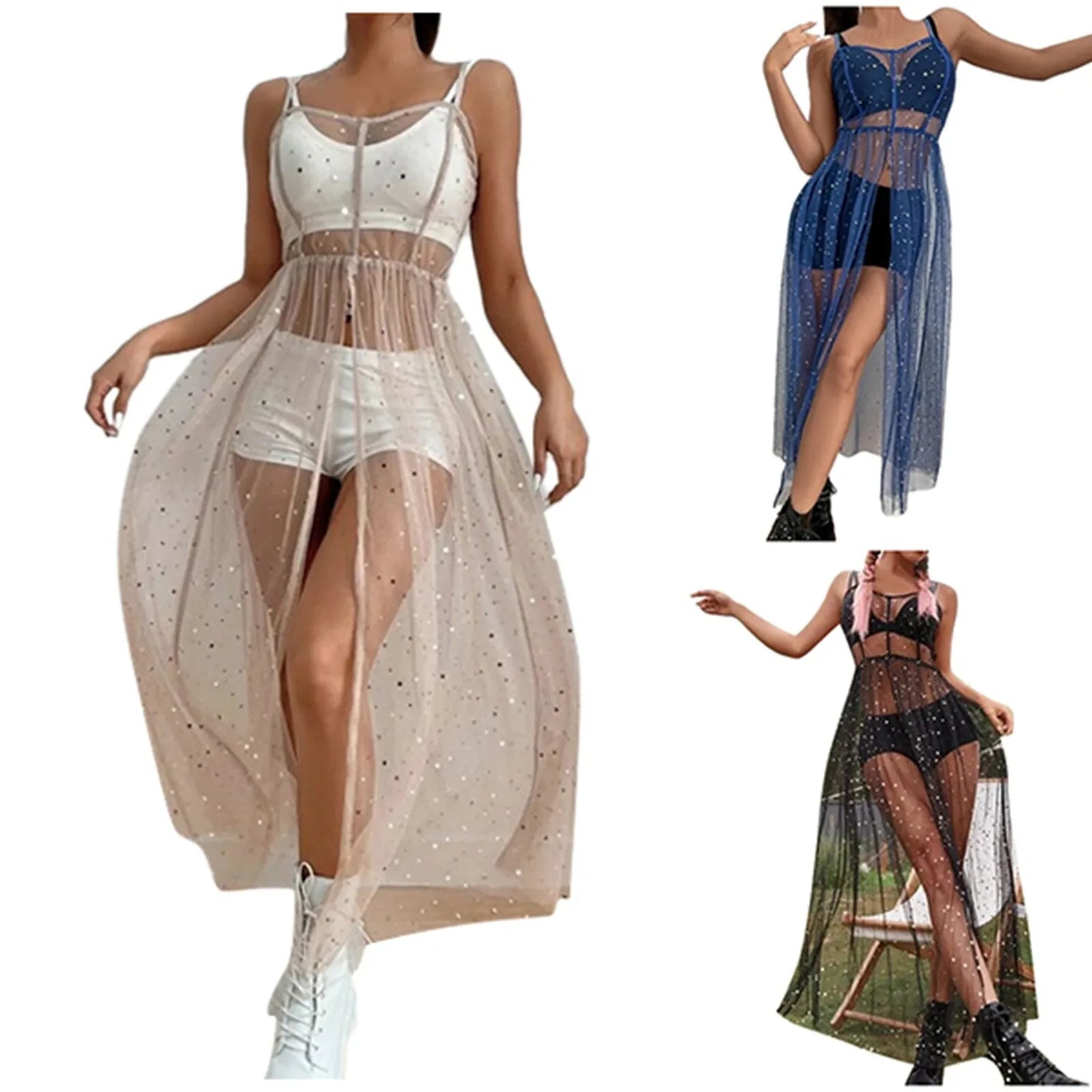 Women'S Mesh Transparent Summer Dress Sleeveless Beach Dresses Bikini Cover Up Lightweight Beach Poncho Holiday Beachwear