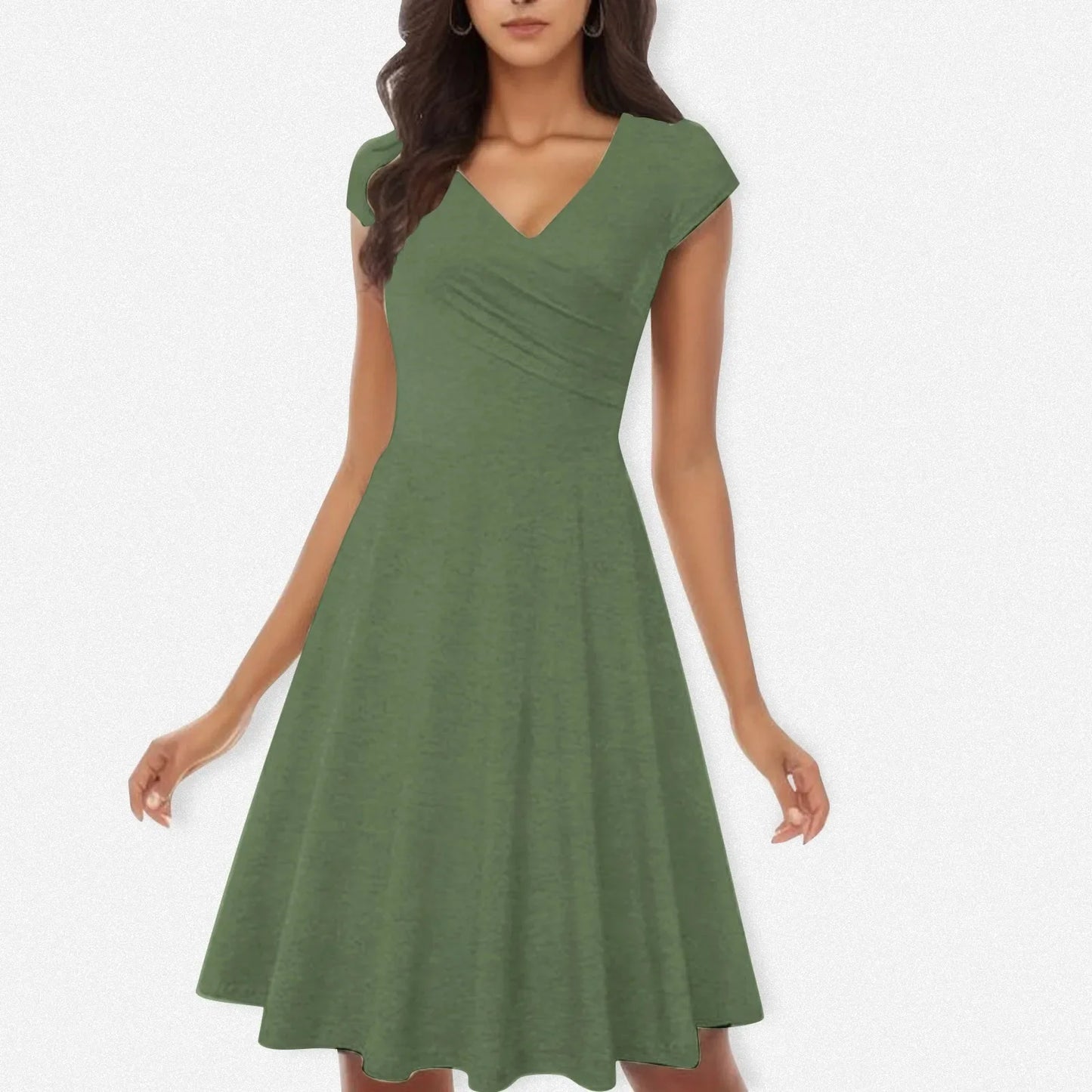 Female Solid Dress Knee-Length Short Sleeve Summer Empire Pleated Dresses A-line V-neck Simple Laides Casual Club Party Dress