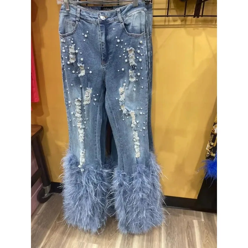 Women's Jeans Tassel Holes Vintage Feather High Waist Y2K Streetwear Casual Denim Pant Autumn Slim Beading Hollow Out Trousers