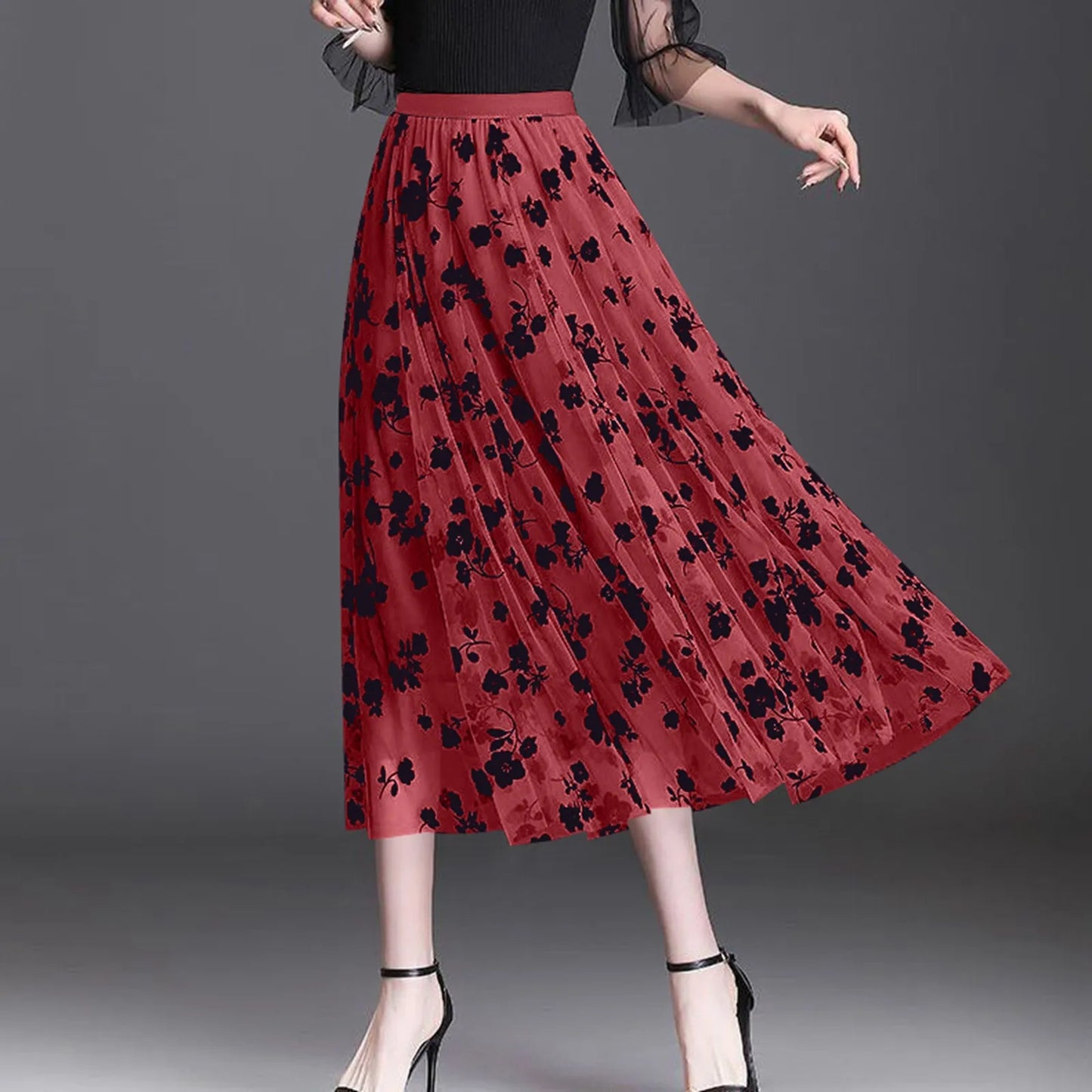 Women Vintage Fashion Floral Printed Flowy A Line Skirt Casual Boho Slim Fit Long Skirt Elegant Chic Summer Mesh Chiffon Skirts