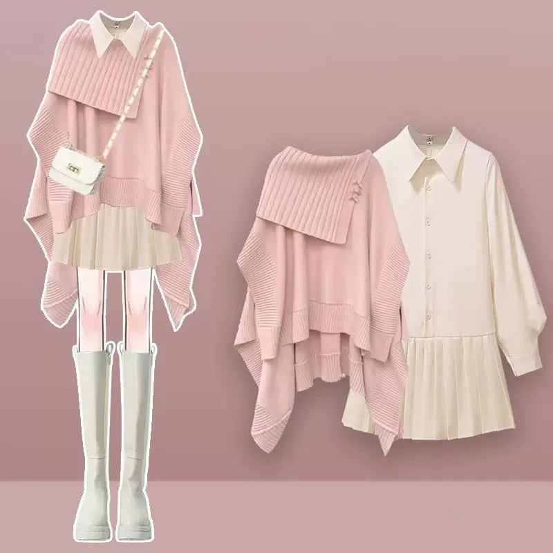 2024 Spring New Loose Knitted Shawl Sweater Mini Pleated Short Skirt Two Piece Set Elegant Women's Skirt Set Sexy Outfits