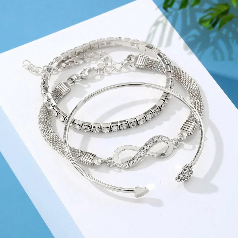 3 Piece Women's Bracelet Silver Retro Personality Fried Dough Twists Bracelet Imitation Gem Exaggerated Punk Bracelet Accessorie