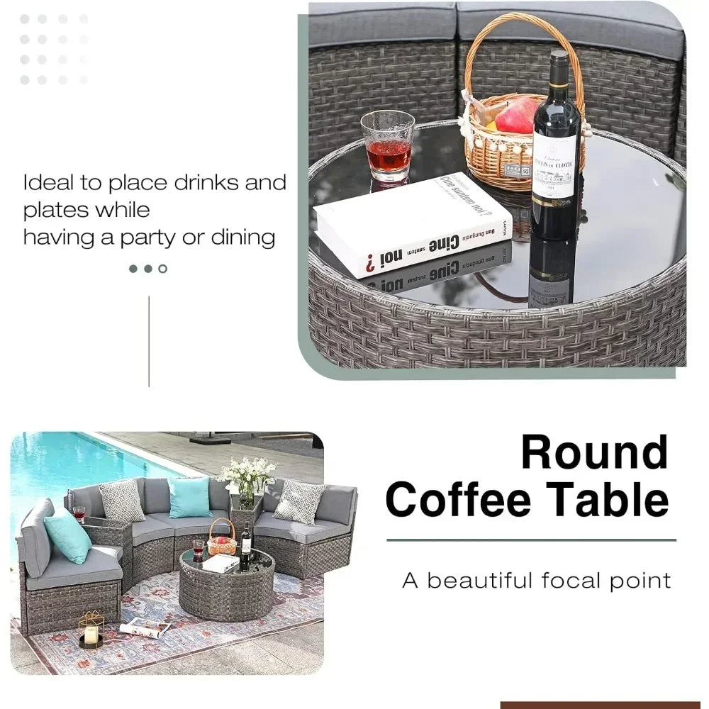 Outdoor Patio Furniture Sectional 7-Piece Half-Moon Curved Outdoor Sofa Set with Round Coffee Table,4 Pillows & Waterproof Cover