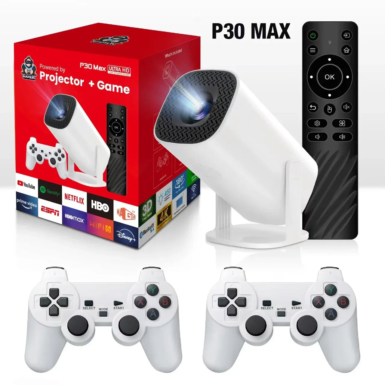3D Game Projector P30MAX Retro Video Game Console Wireless Controller 4K ULTRA HD Plug and Play Android11 BT5.0 720P Home Cinema