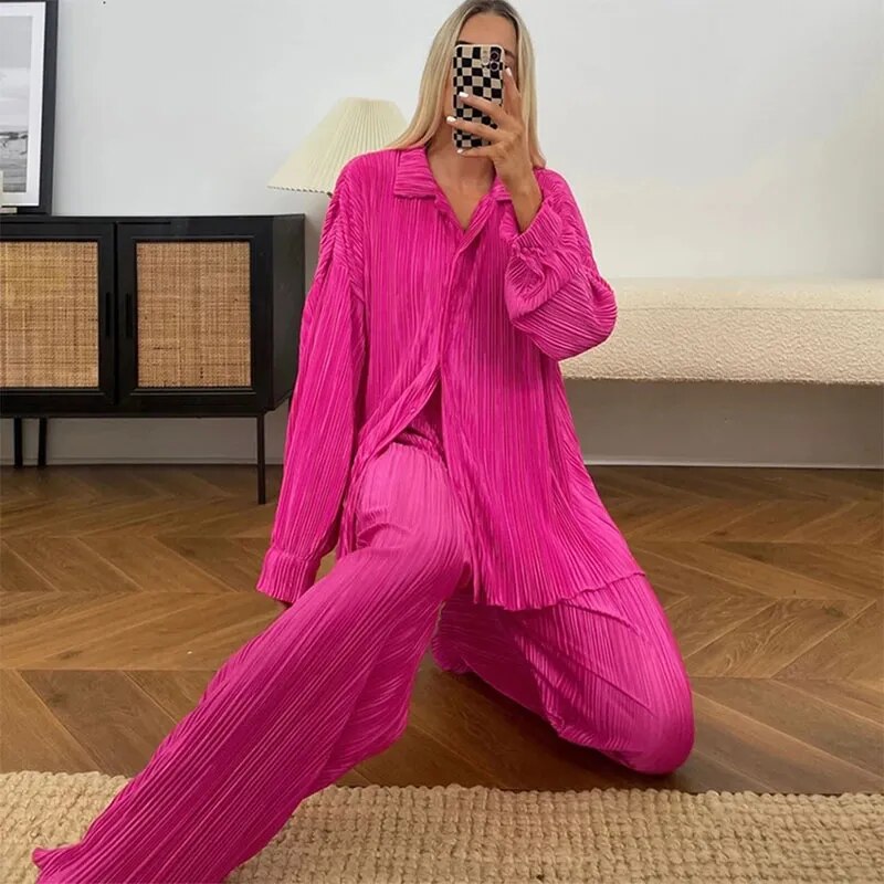 Women's Orange Long Sleeve Shirt Suit, Chiffon Tops, Wide Leg Pant, Sexy 2-Piece Set, Street Sweatsuit, Fitness Pit Strip Jacket