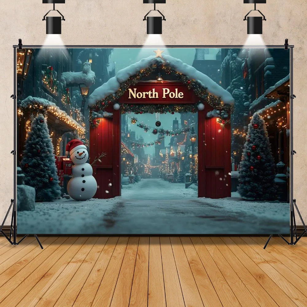 North Pole Christmas Backdrop Winter Village Town Xmas Tree Snowman Photography Background Family Xmas Eve Party Decor Banner