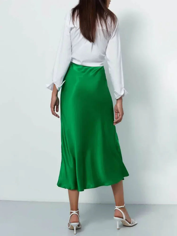 Elegant Women's Skirts Korean Fashion Satin Silk A-line Skirt Office Black Champagne Long Summer Skirts Woman Fashion 2024