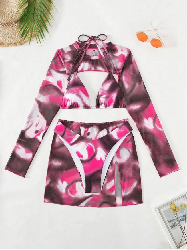 Swimming Suit Long Sleeved Sexy Split Swimsuit Women's Bikini Hanging Neck Strap Swimwear Summer Beachwear Print Female Clothes