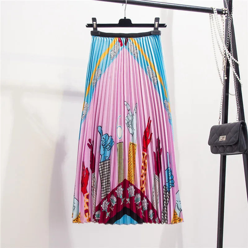 2023 Summer Women Cartoon Print Pleated Skirts A Line High Waisted Elastic Midi Long Skirt Ladies Party Korean Style Dresses