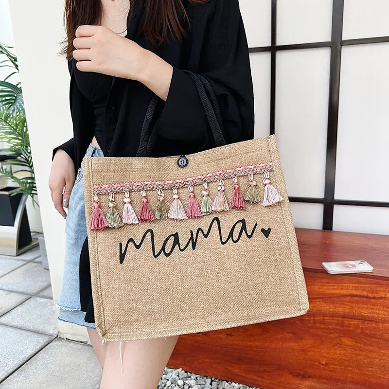 Women Tote Bag Mama Letter Printing Casual Fashion Linen Handbag Large Capacity Shopping Shoulder Bag Mother’s Day Gifts for Mom