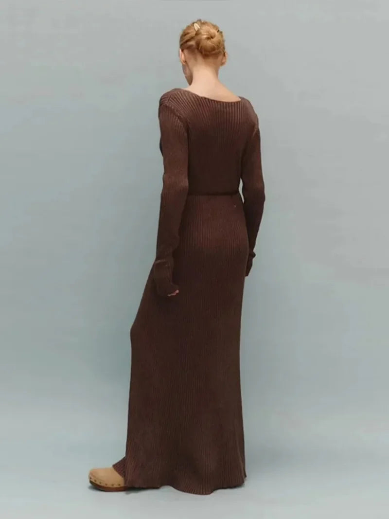 Solid Knitted Ribbed Long Dress Women Slim V-neck Long Sleeve Elegant Female Dresses 2024 Autumn Lady Casual High Street Robes
