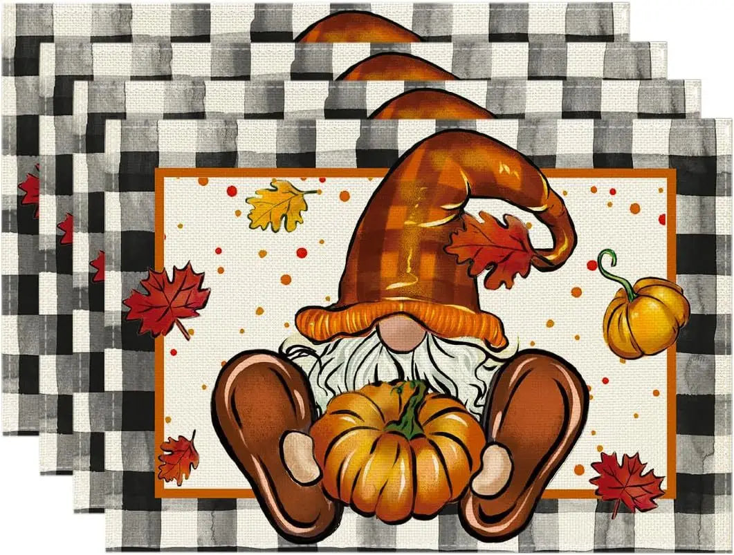 4PCS Thanksgiving Day Table Placemats 30*45cm Linen Autumn Pumpkin Maple Leaf Printed Dining Table Mat Festive Table Decoration