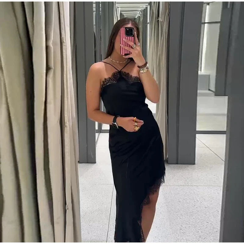 Brown Satin Sexy Lace Spliced Short Sling Dress Women V-neck Sleeveless Backless Asymmetric Party Dresses 2025 Summer Lady Robes
