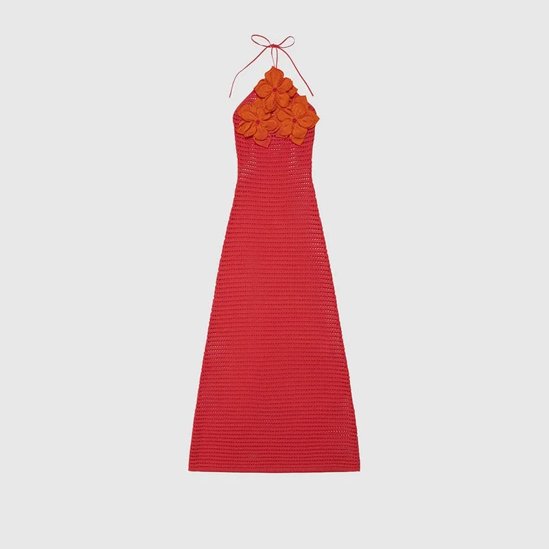 Sexy Crochet Hollow Out Long Halter Dress Women 3D Flower Backless Sleeveless Beach Dresses 2025 Summer Lady Vacation Robes New