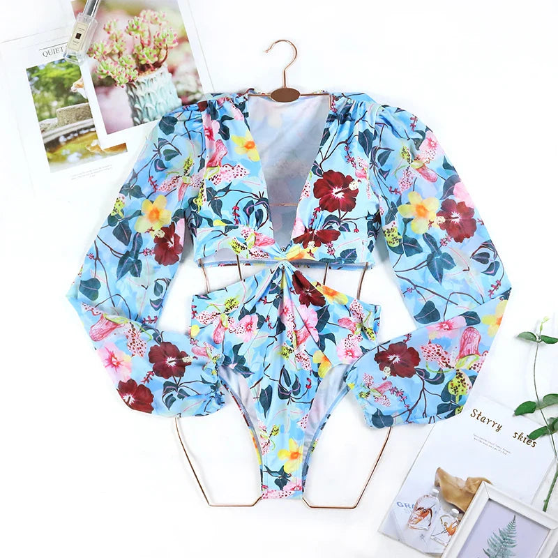 CPUTAN 2024 Sexy Floral One Piece Swimsuit Summer Women Long Sleeve Deep V Swimwear Beachwear Print Surf Monokini Bathing Suit