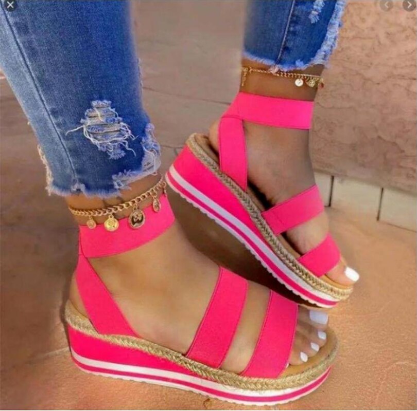 Roman Sandals Ladies 2022 Summer New Wedge Heels with Cross Ties Non-slip Shoes Fashion Candy Color Open Toe One Pedal Sandalias