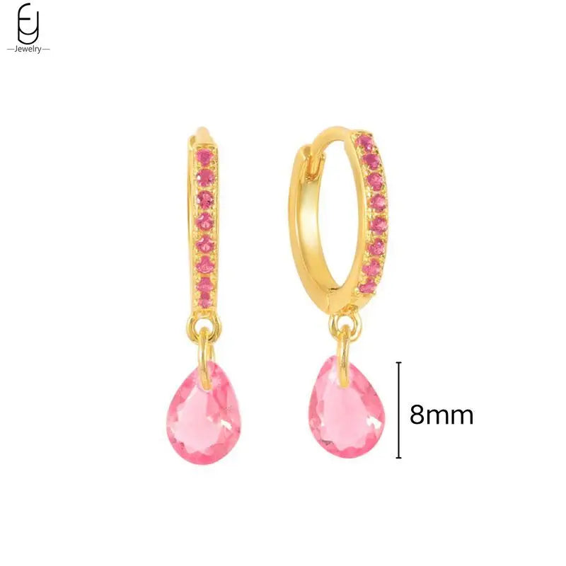 925 Sterling Silver Needle Rose Red Crystal Stud Earrings For Women Water Drop/Heart Pendant Gold Earrings Fashion Jewelry Gifts