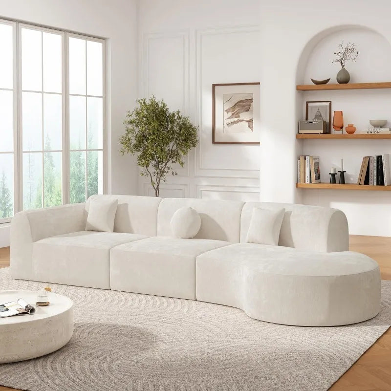 Curved Polyester Sectional Sofa Set, 7 Seat  Chaise Lounge, 3 Pillows, Fully Assembled