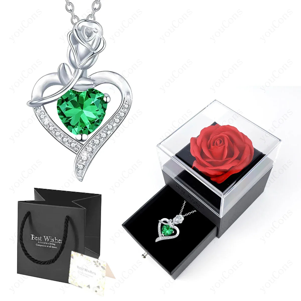 Luxury Red Zircon Heart Necklace With Rose Flower Gift Box For Girlfriend Birthday Valentine Gift  Romantic Accessories