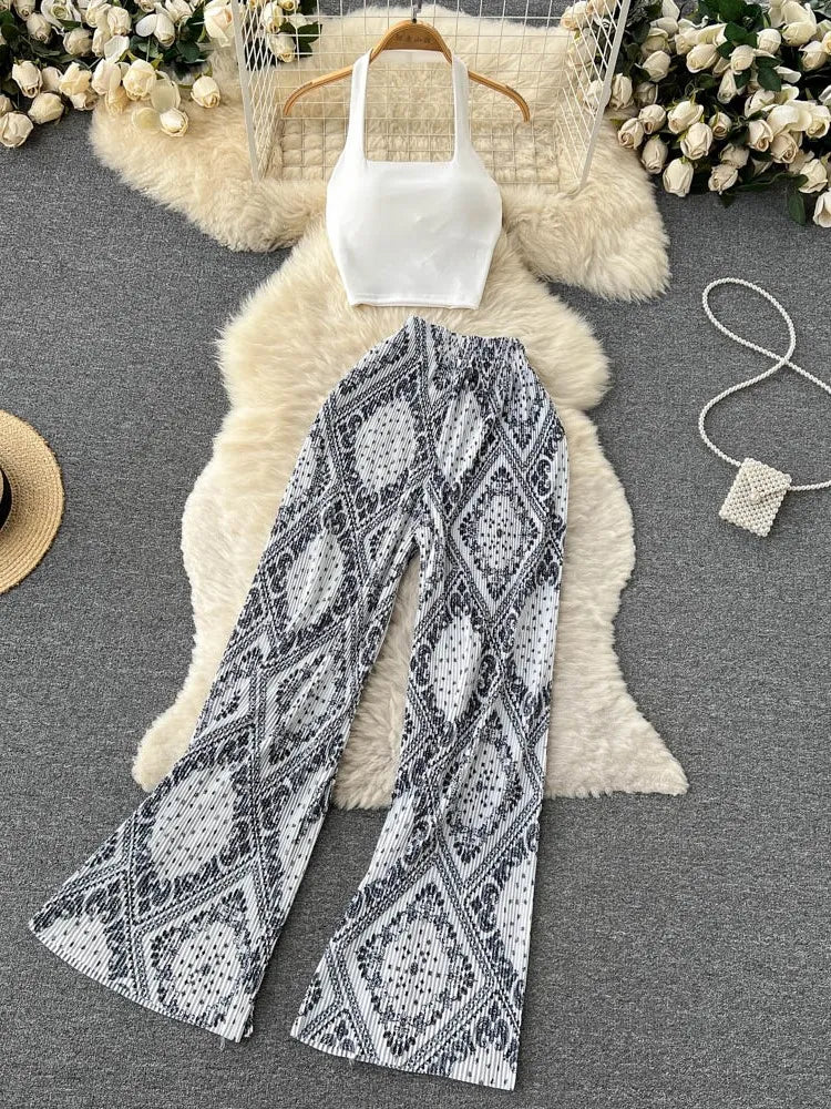 Fashion New Women Summer Sexy Pants Set 2023 Halter Tank Tops Wide-leg Long Pantsuit Female Slim Vacation Two Piece Sets