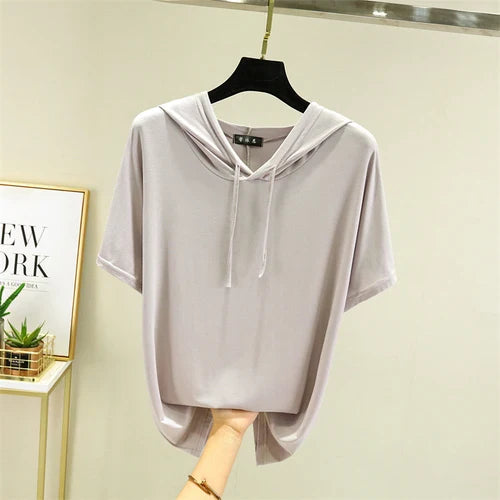 Thin T-shirts Women Hooded Fashion Loose Casual All-match Korean Style Solid Simple Y2k Aesthetic Футболка Женский Cozy Chic New