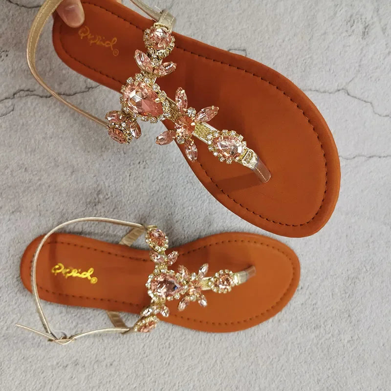 2024 Trendy Summer Women's Shoes Large Size Beautiful Crystal Shiny Flat with Female Sandals  Bohemia Back Strap Footwear