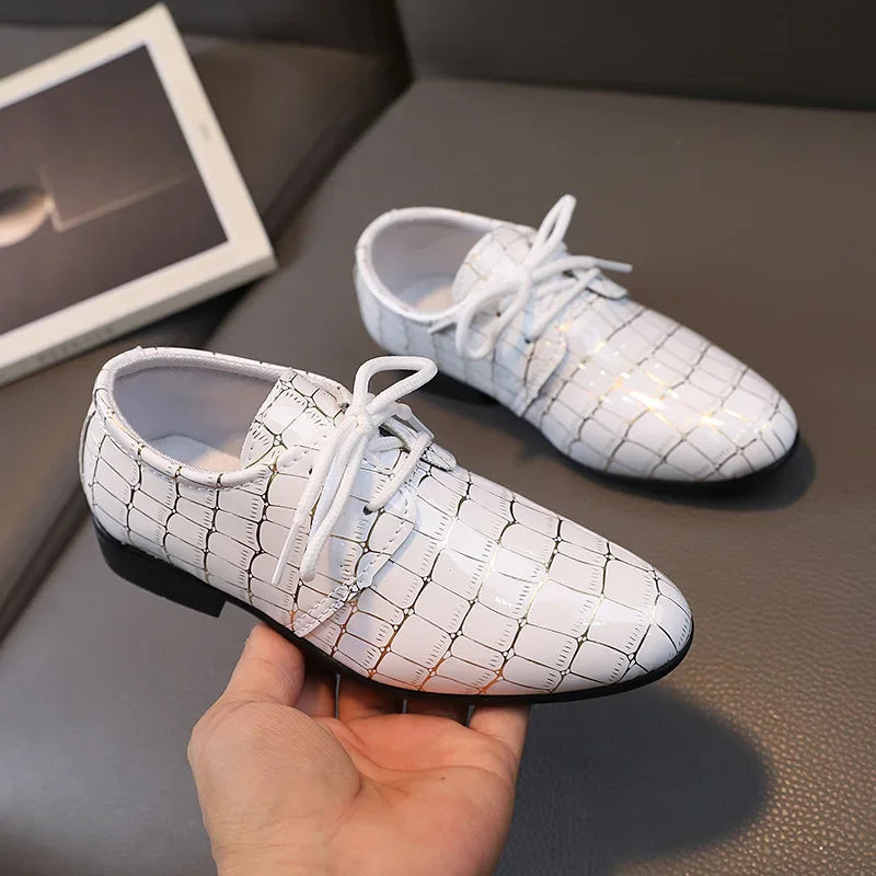 Boys Performance Shoe, Pointed Toe Black, White Children Leather Casual Shoes.