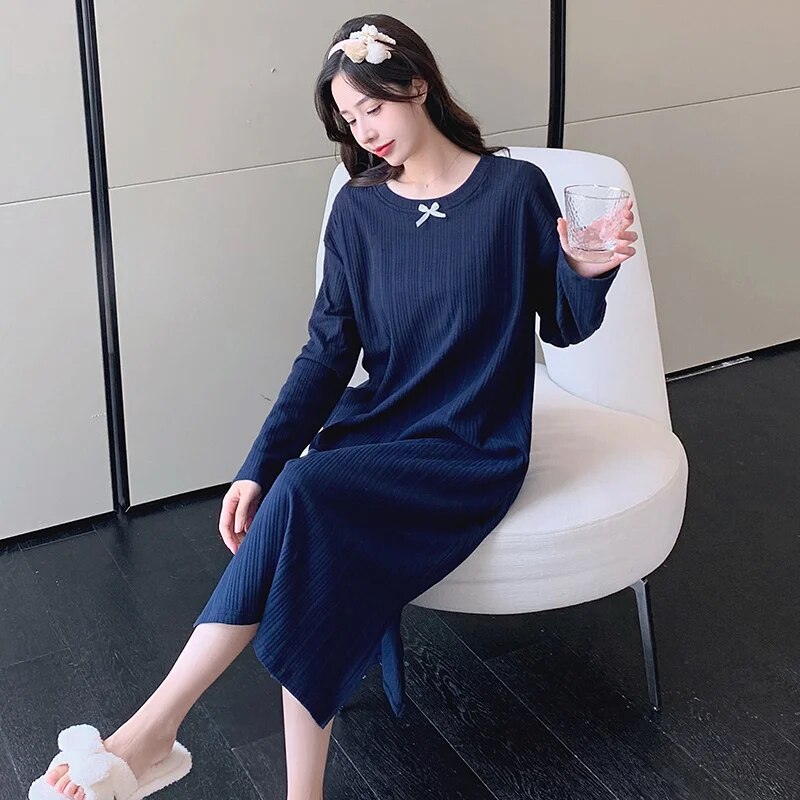 Modal Chic Long Knitted Women Home Dress O Neck New Autumn Winter Solid Kawaii Fashion Night Gown Woman Nightgown for Girls