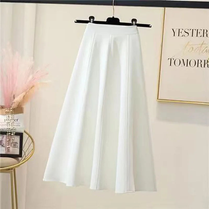 Lucyever Women Back Elastic Waist Mid-Calf Skirts Solid Color Casual Knee-Length A-Line Skirt Korean Summer Long Skirt Woman