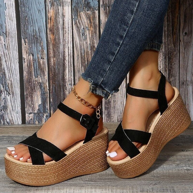 Sexy Roman Sandals Buckle Open Toe 2022 Summer New Anti-Slip Waterproof Cozy Beach Shoes Cross Tie Wedge Fashion Sandalias Mujer