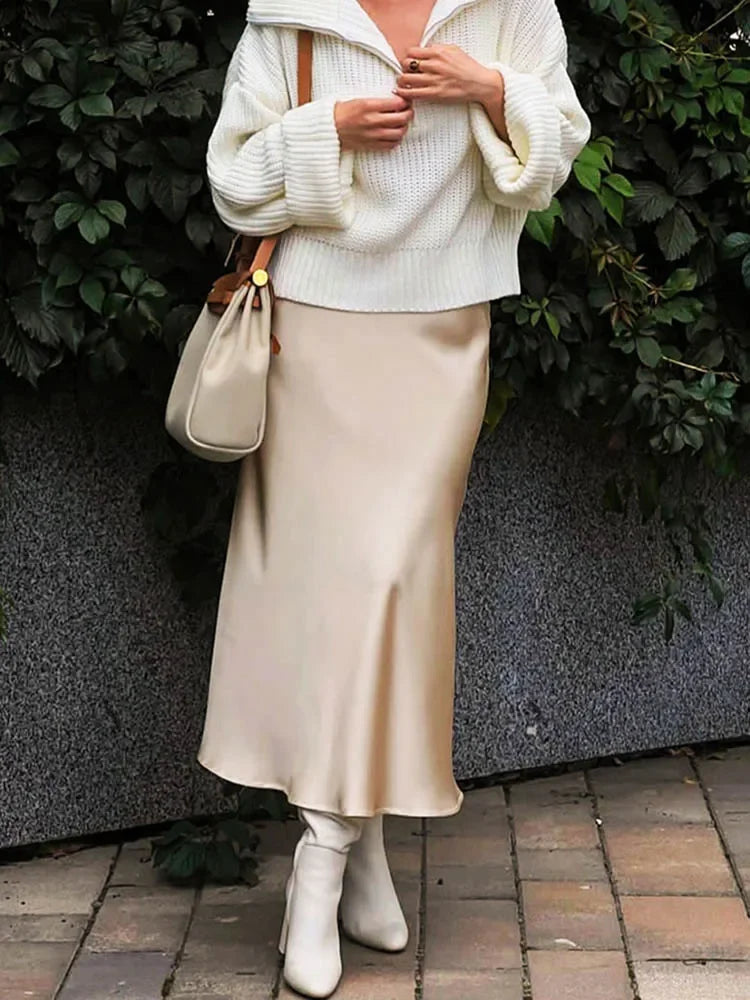 Elegant Women's Skirts Korean Fashion Satin Silk A-line Skirt Office Black Champagne Long Summer Skirts Woman Fashion 2024