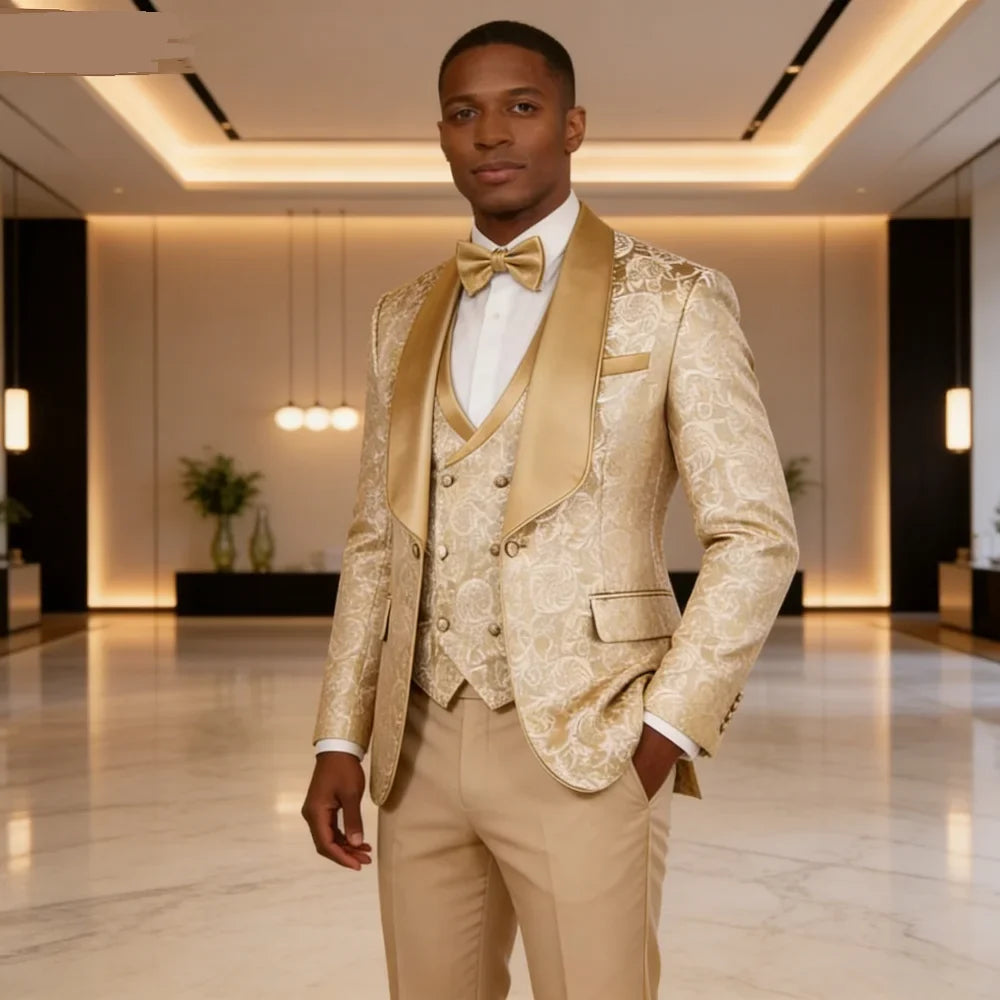 Champagne Jacquard 3-Piece Men's Formal Smoking Suit with Shaw Lapel Blazer Set for Groom Wedding Best Man Tuxedos for Party