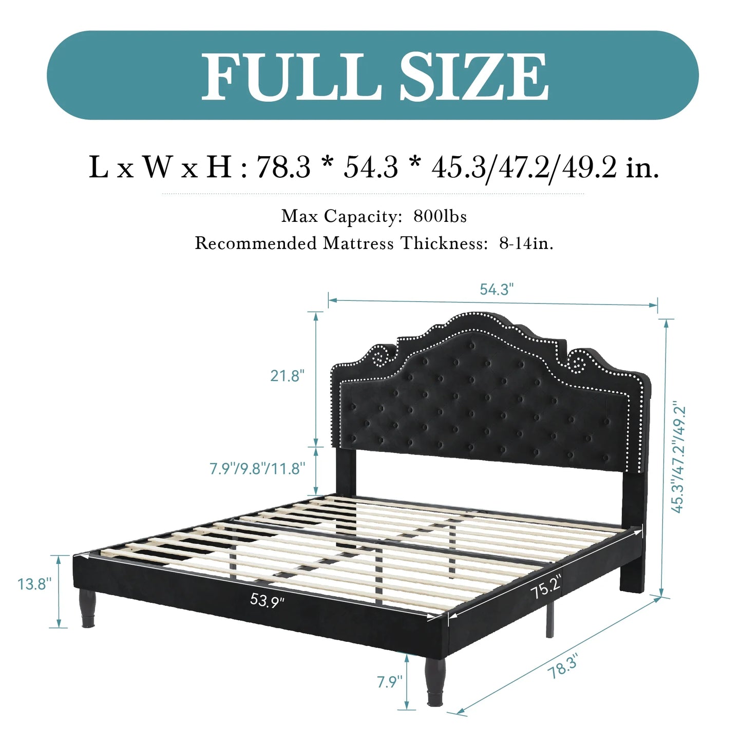 Bed Frame with Adjustable Velvet Tiara Headboard, Upholstered Diamond Button.