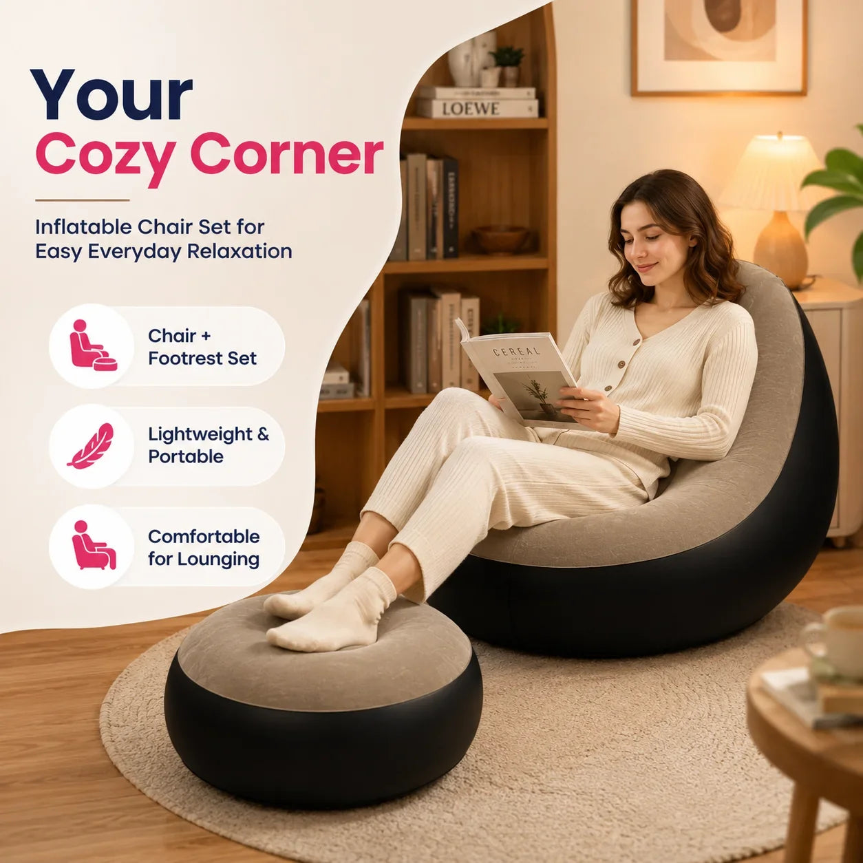 1PC nflatable Air Sofa Chair with Footrest, Portable Lounge Chair Set Soft Flocked Surface for Bedroom Dorm Living Room