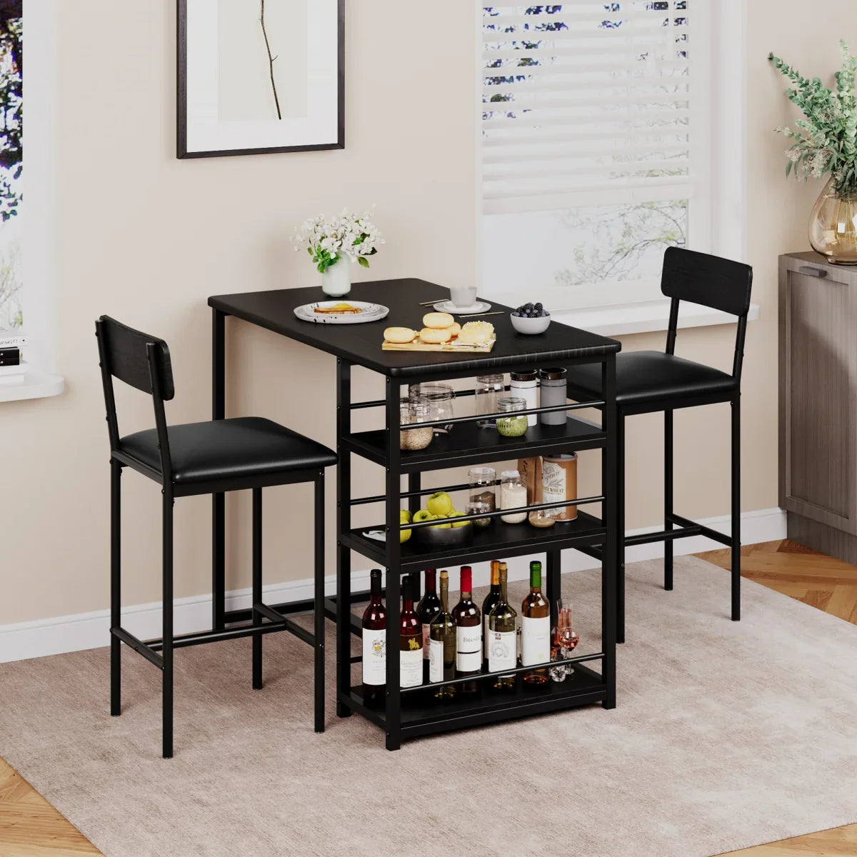 2-Person Dining Table Set, Bar Table with 2 Upholstered Chairs, & 3 Storage Shelves, Small Space Kitchen Table for Apartment.