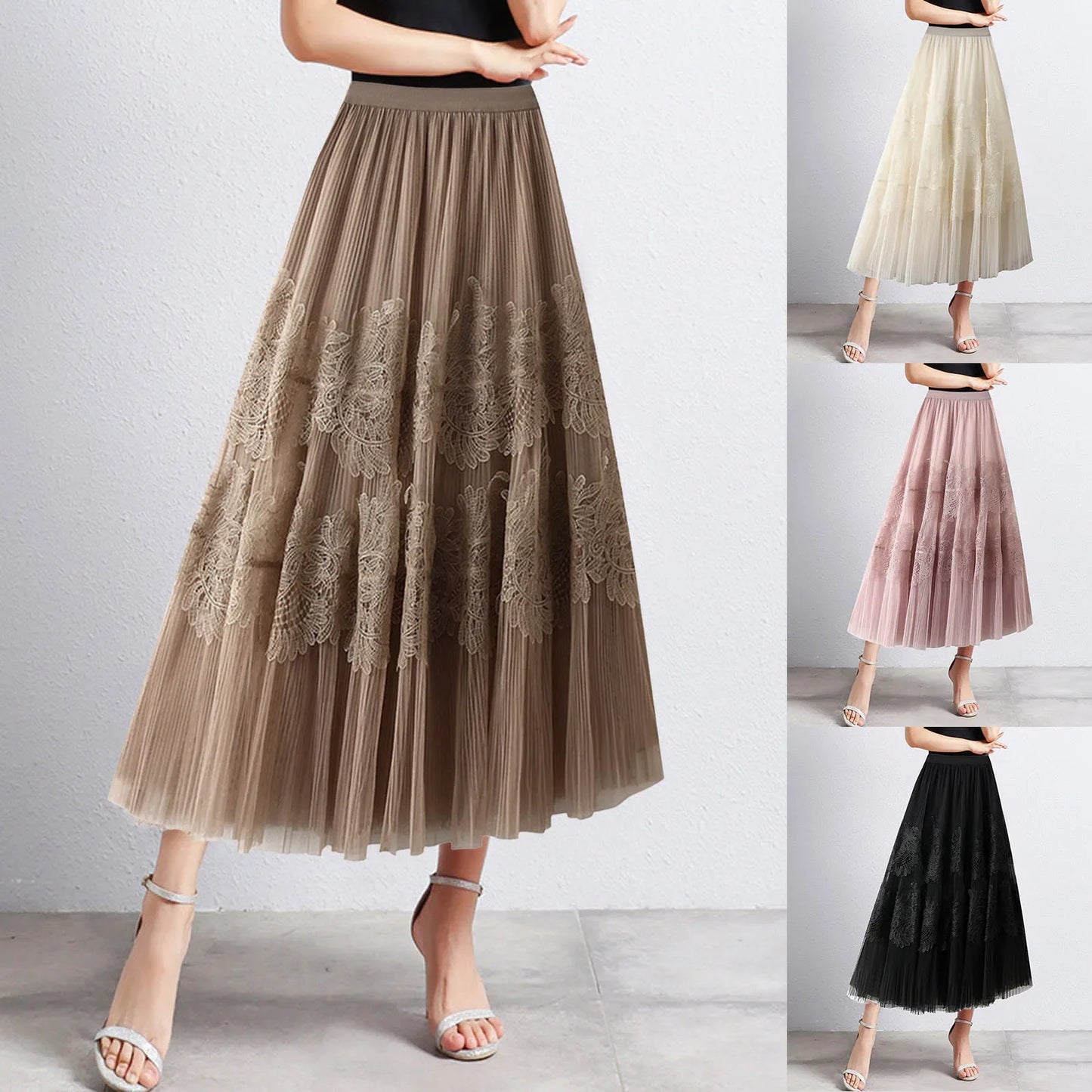 Women Mid Length Skirts Dance Party A Line High Waisted Lace Tulle Skirt Pleated Mesh Half Skirts Holiday Party Costumes