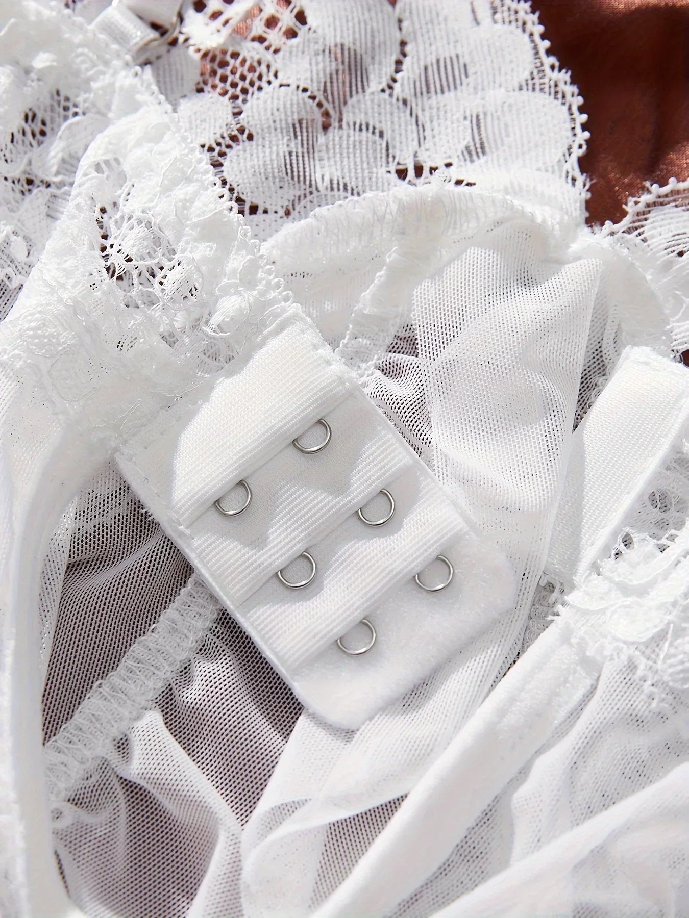 White Sexy Contrast Lace and Mesh, Ruffle Baby doll Nightgown V-neck, Open Bra, Nighties.