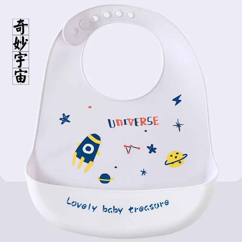 Cute Baby Bibs Waterproof Silicone Bib Infant Toddler Feeding Saliva Towel Cartoon Adjustable Children Apron with Pocket Scarf