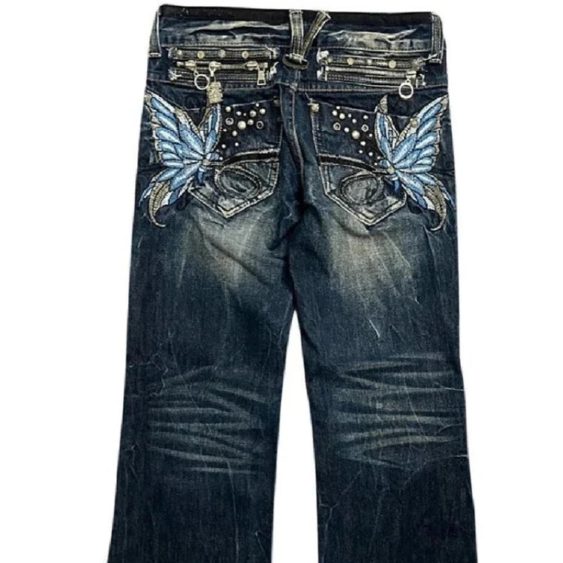 Embroidered Women Jeans Y2K Millennium Harajuku Slim Flared Jeans American Fashion High Street Large Size Butterfly