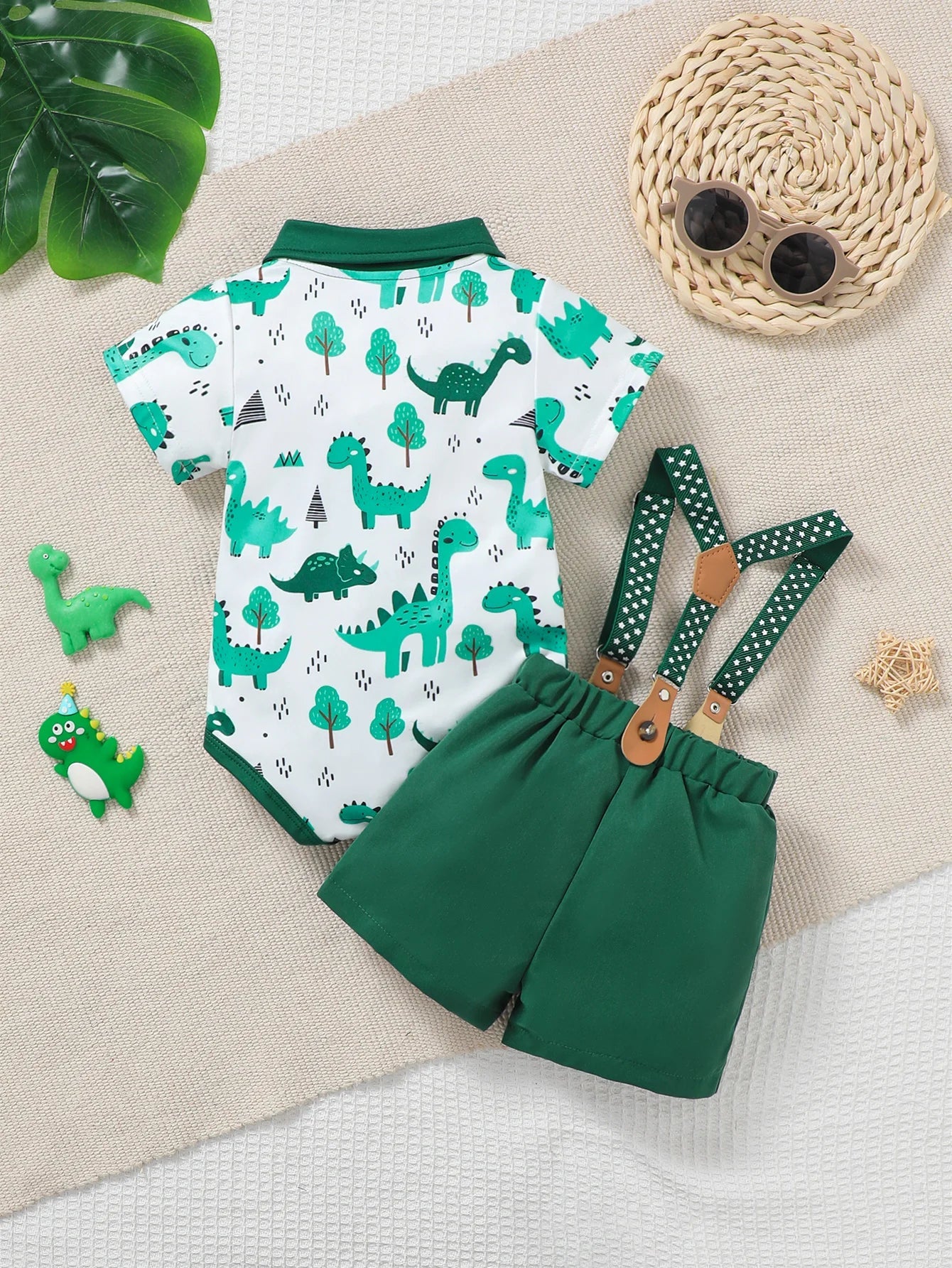 Baby Boy Summer Outfit 2-Piece Set Cartoon Dinosaur Print Polo Short Sleeve Romper with Fashionable Cute Overalls