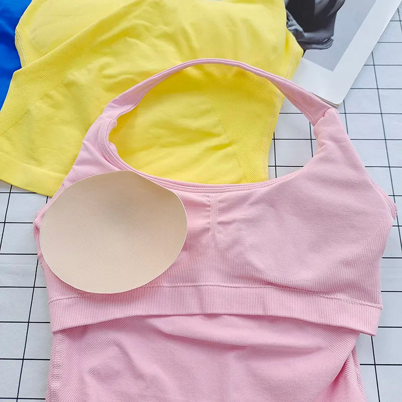 VEQKING Seamless 2pcs Women Yoga Sets Open Back Longline Sports Halter Bras Running Tank Tops Scrunch Butt Gym Workourt Shorts