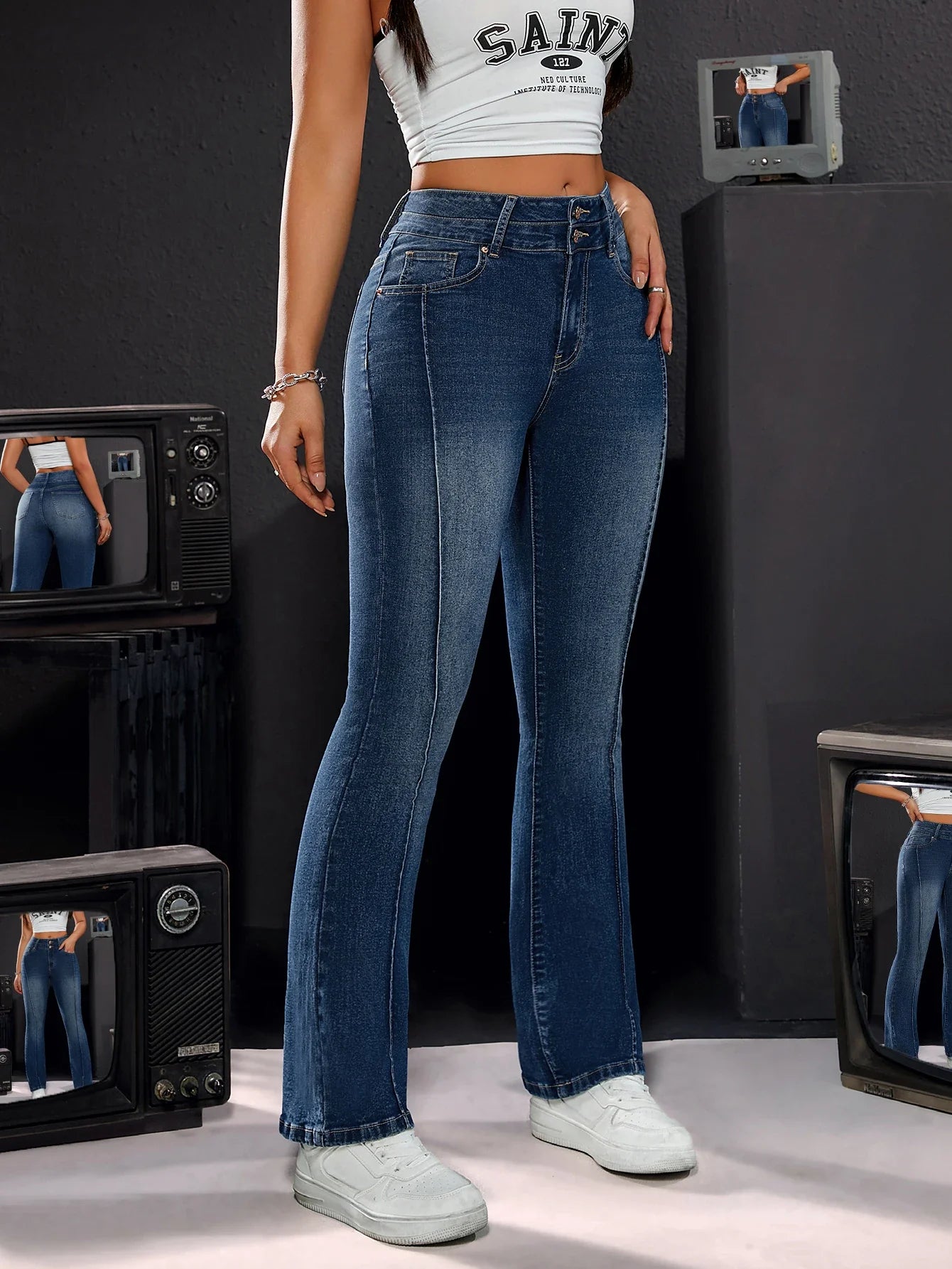 Women's High-Waisted Stretch Denim Trousers Double Button Detail Comfortable Fit Straight Leg Jeans